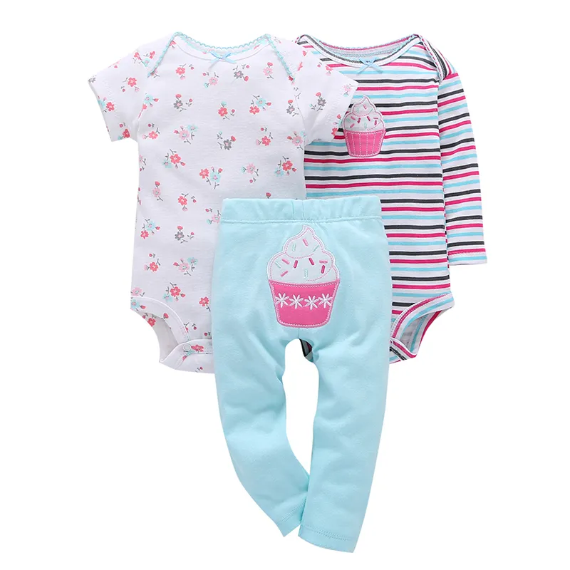 3 piece set newborn baby girl clothes cute cake model print Long sleeve stripe romper+pant for 0-24m baby clothes 2018 fashion