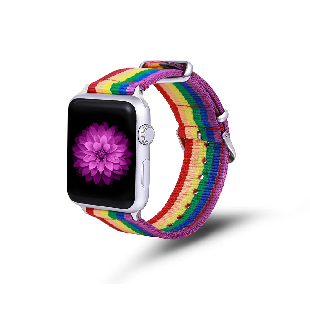 ل Apple Watch SE / 6/5 / 4/3 / 2/1 Rainbow Band Strap أقمشة استبدال سلسلة 38 42 40 44mm مع الفولاذ المقاوم للصدأ