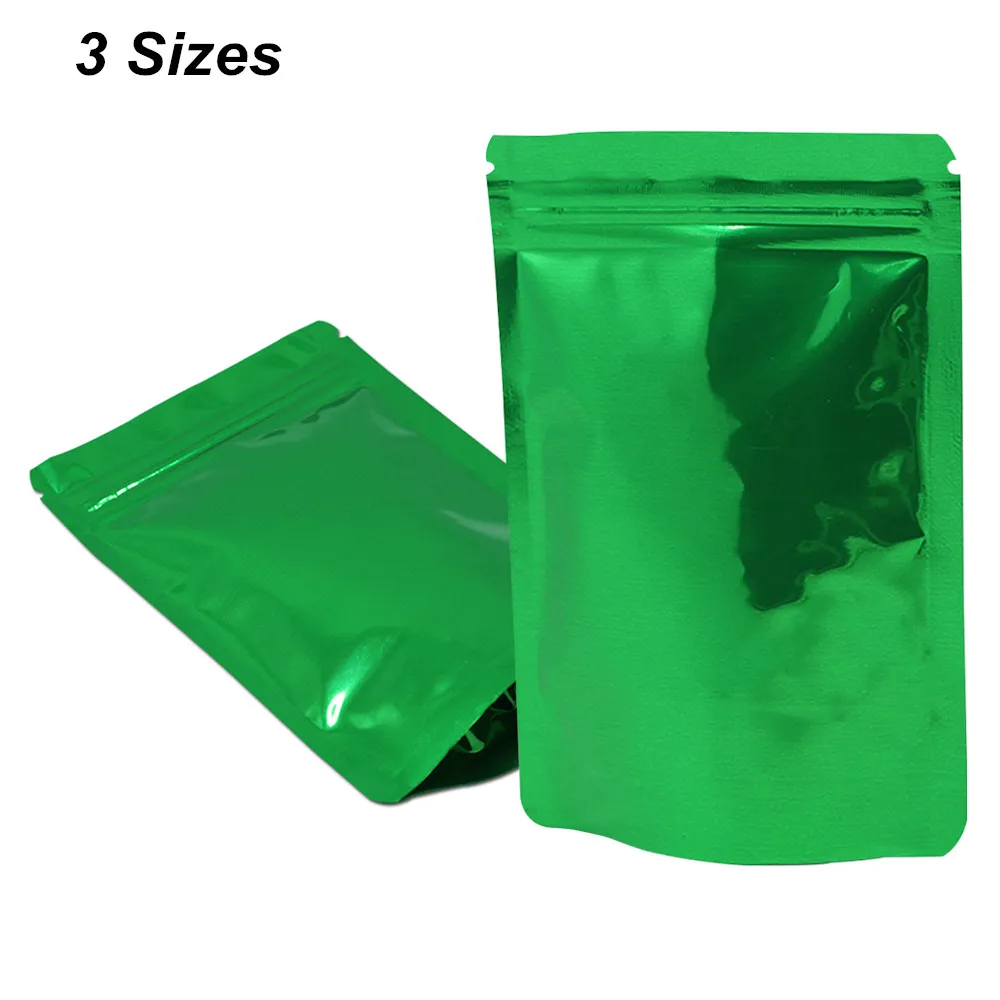 100 PCS 3 Sizes Green Resealable Aluminum Foil Heat Sealer Sample Packets with Zipper Foil Mylar Reusable Grocery Bags Airtight Mylar Pouch