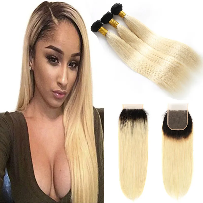 Platinum Ombre Blonde 1B / 613 # Прямое кружевное закрытие со связями Дешевые бразильские ремни для волос Remy с застежкой кружевами 4x4