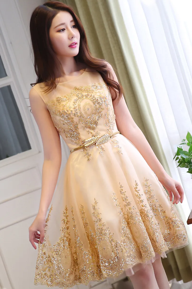 Nowy Tulle Lace Gold Cocktail Sukienka 2018 Krótka Matka Bride Suknie Formalne Prom Suknie Wedding Party Vestidos de Coctela