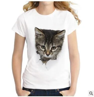 2019 Summer Naughty Cat 3D Lovely T Shirt Women Printing Originality O-Neck Short Sleeve T-shirt Tops Tee