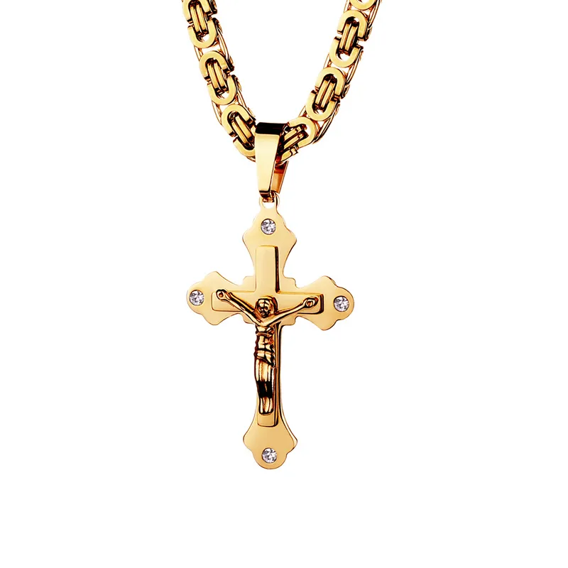 High quality Stainless steel Cross necklaces Multi-layer Christian Jesus Crucifix pendant Gold Biker Chain For Men's Hip-Hop Punk Jewelry