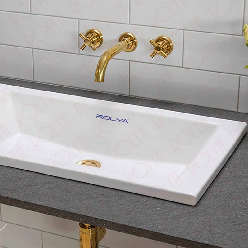 Rolya Lyxig Gyllene Solid Brass Tre Hål Dubbelhandtag Väggmonterad Basin Kranar Badrum Sink Mixer Tap