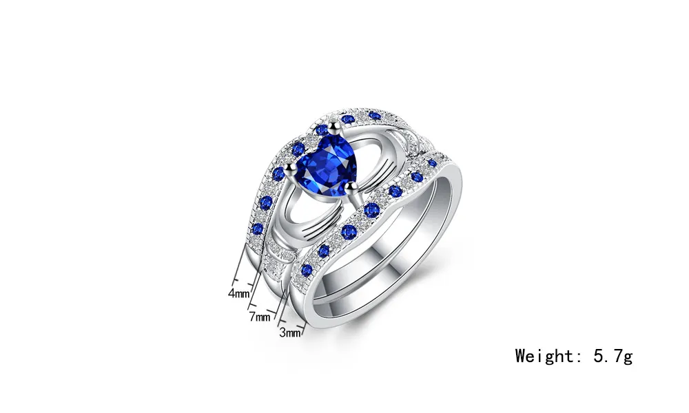 Luxury Three layers sapphire Rings sets 925 sterling silver Blue crystal Rhinestone diamond Heart Wedding ring For women Fashion Jewelry