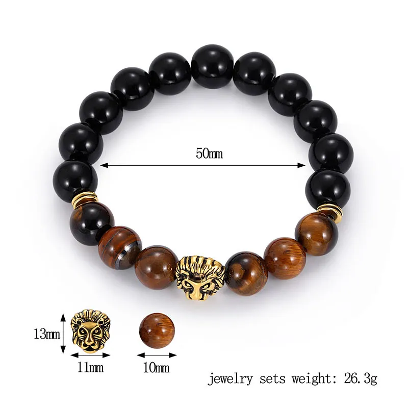 Natürliche Tigerauge Stein Perlen Stränge Armbänder Charm Lucky Golden Lion Armband für Männer Modeschmuck