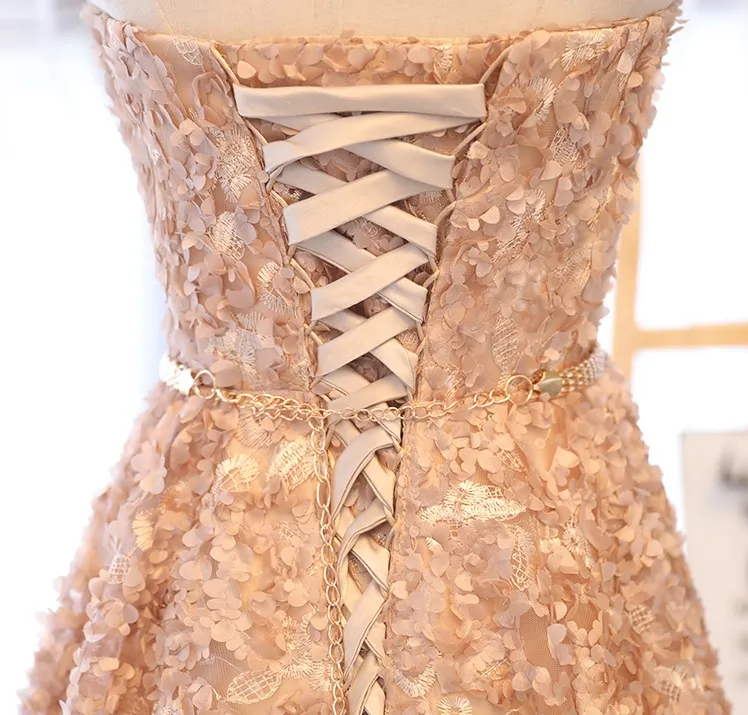 Promotional Strapless Sash Short Graduation Dress - Cheap Grey Champagne  Strapless Lace Short Prom Dresses