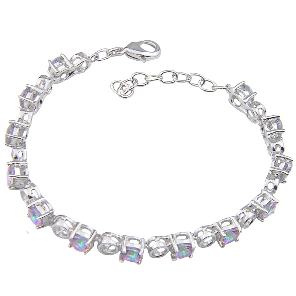 Luckyshine Round Rainbow Mystic Topaz Gems Armband Silver för Kvinnors Färgglada Zircon Hollow Out Wedding Party Link Armband Smycken