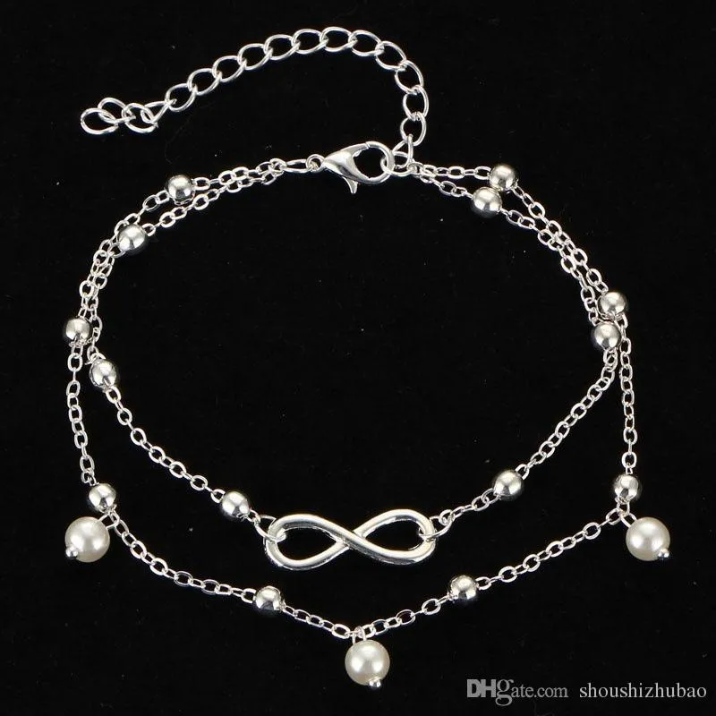 Luxury Heart Palm Anchor Pearl Infinity Alloy Foot Chain Women`s Fashion Anklet Bracelet Jewelry Set Gifts