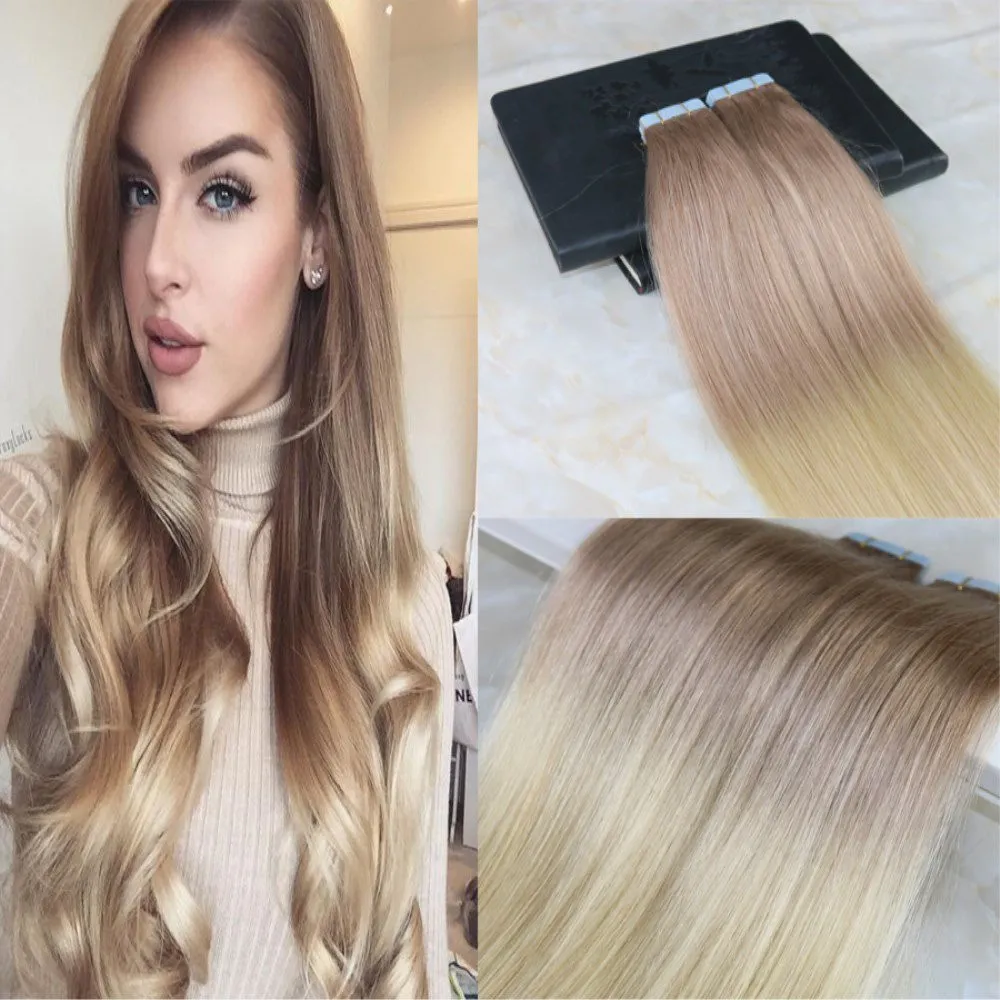 # 613 20Pcs 50G için Renkli Uzantıları Tam Kafa İki Ton Ombre Saç Uzantıları Dip Boya Saç Rengi # 18 Koyu Kül Blonde Tutkal