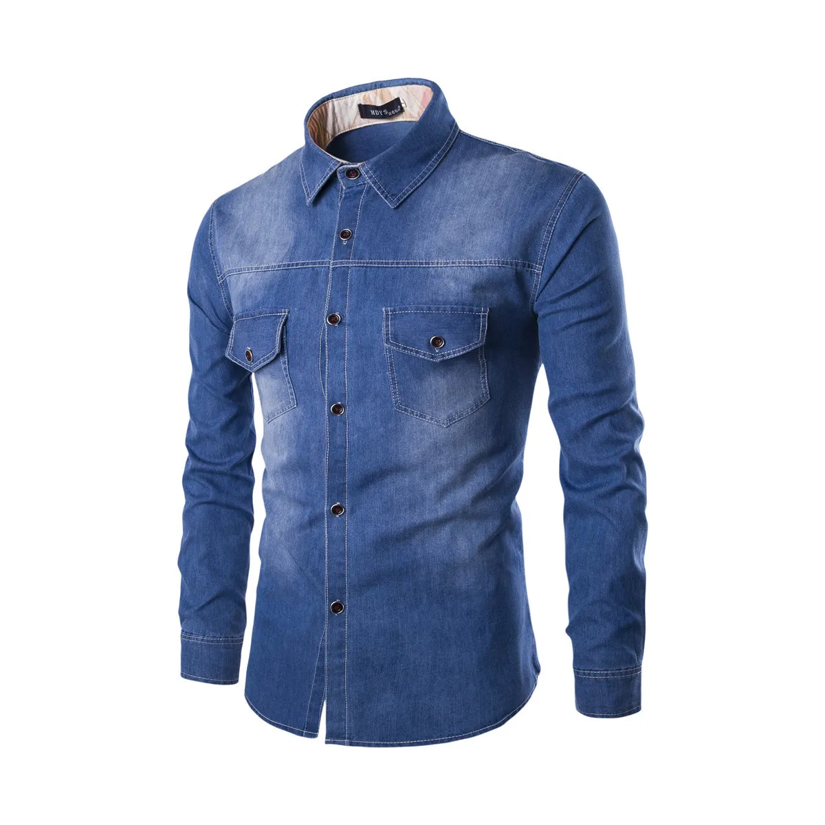 2018 Mens Solid Color Coon Denim Shirt Bröst Dubbelficka Slim Långärmad Jean Shirt Enstaka Breasted Washed Plus Storlek