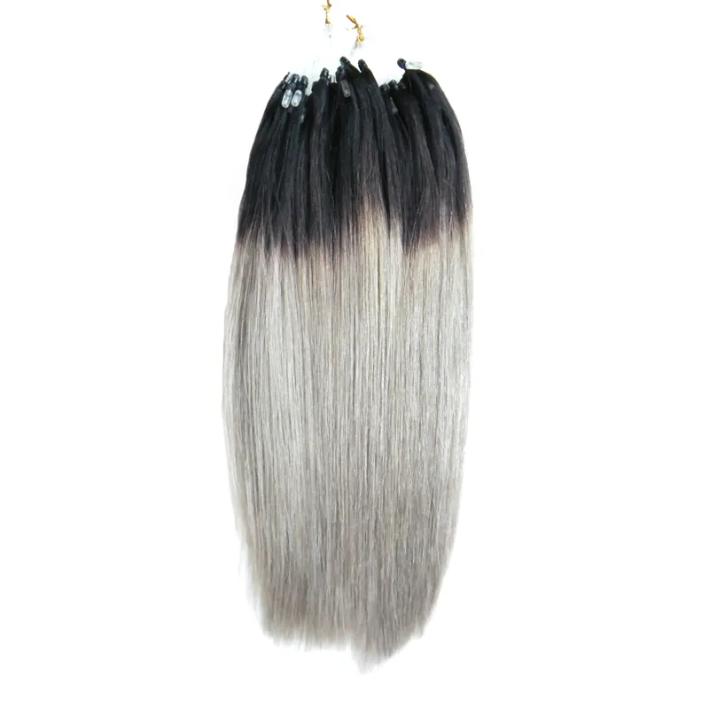 Brasilianska Micro Ring Loop Hårförlängningar 1g Billiga 1B / Grå Ombre Brasili Hair 100s Real Ombre Mänskligt Hår Micro Loop Straigt 100g