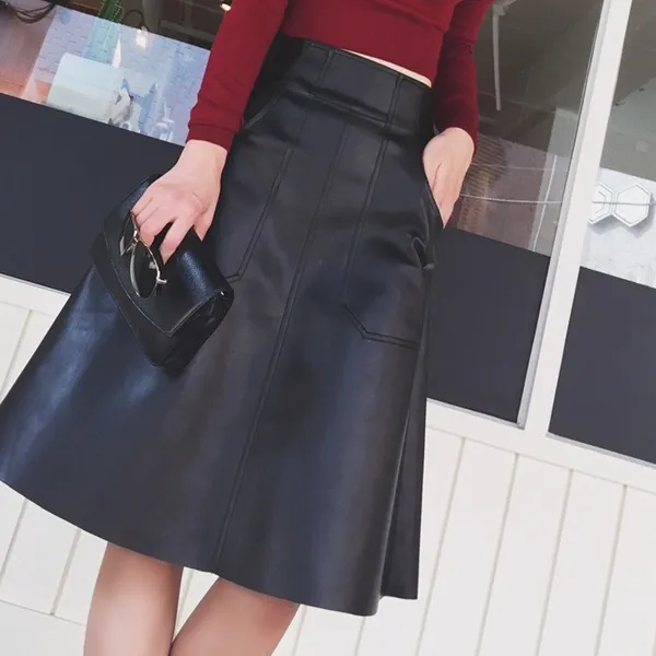 New design fashion women's high waist pockets a-line knee length pu leather umbrella skirt plus size XSSMLXLXXL