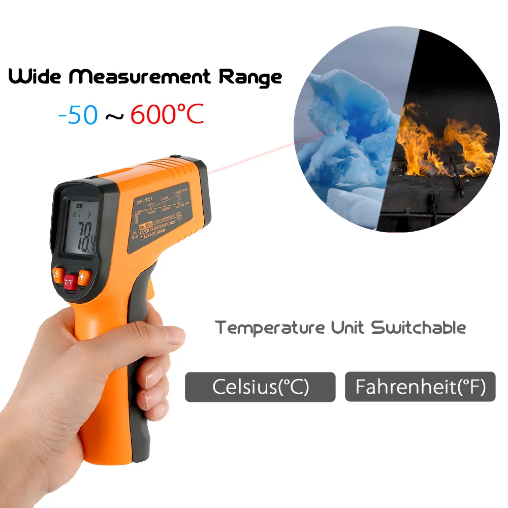 12 Freeshipping: 1 LCD Ekran IR Kızılötesi Dijital Sıcaklık Termometre göstergesi Pirometre Imager + Işıklandırmayı -50-600 Derece