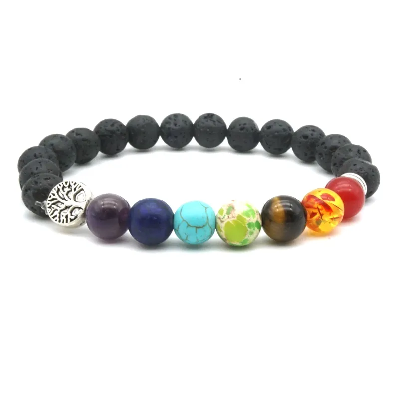 Sept Chakras arbre de vie breloques 8mm perles de pierre de lave noire bricolage aromathérapie diffuseur d'huile essentielle Bracelet bijoux de Yoga