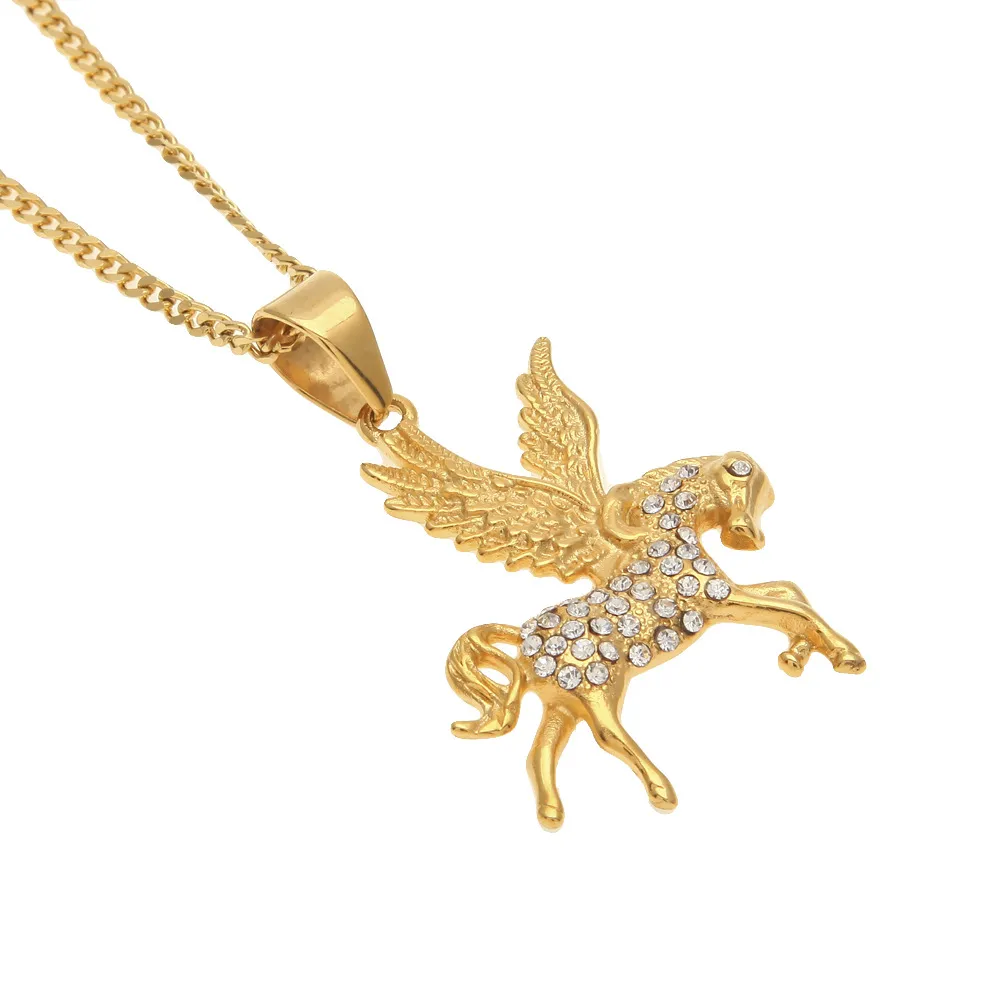 Pegasus paard hanger kettingen mannen hiphop jewlery vergulde volledige diamant dier hanger charme luxe hiphop accessoires