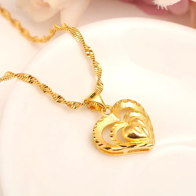 heart linked to heart Double many Heart Pendant Necklaces Romantic Jewelry 4k Yellow Fine Gold Womens Wedding gift Girlfriend Wife Gifts