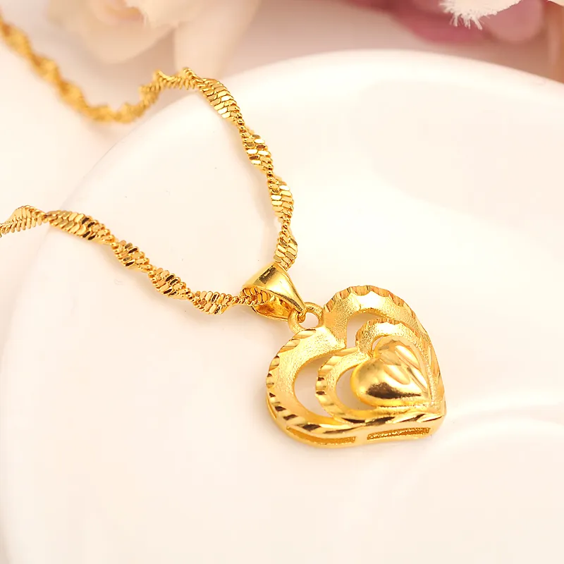 heart linked to heart Double many Heart Pendant Necklaces Romantic Jewelry 4k Yellow Fine Gold Womens Wedding gift Girlfriend Wife249s