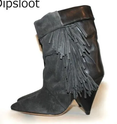 2018 Hot Suede Leather Patchwork Fringed Spike Heels Ankle Boots Pointed Toe Woman Tassel High Heel Boots Slip on Riding Boots
