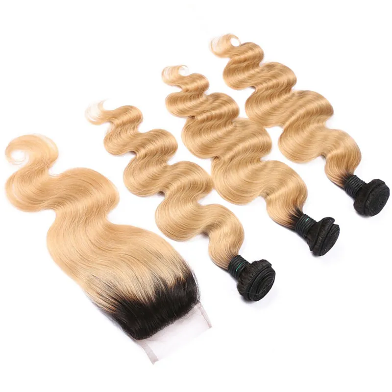 1B27 Honey Blonde Ombre Virgin Peruansk mänskliga hårbuntar handlar om spetsstängning 4x4 Body Wave Strawberry Blonde Ombre Human H5702748