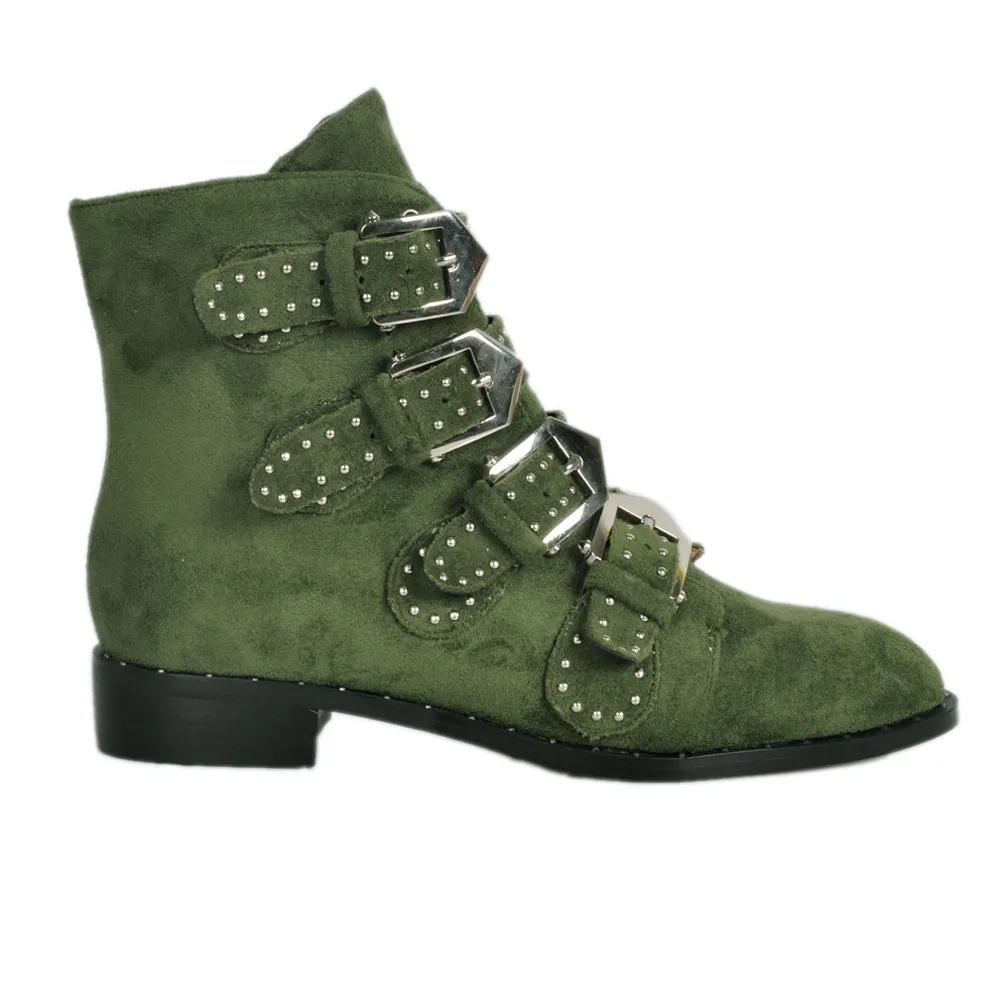 Kolnoo Nieuwe producten Handgemaakte Dames Dames Low-Hak enkellaarzen Klinknagels Spikes met vier gespen Deco Casual Mode Booties Simple Shoes A045