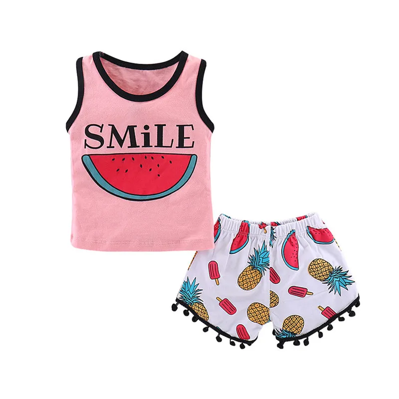 Abbigliamento per bambini 2018 Vestiti estivi per bambina Set T-shirt senza maniche stampata con anguria Canotte + Pantaloncini con nappa 2 pezzi Completi per bambina