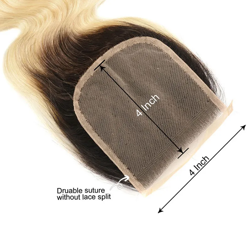 1b 613 Ombre Blond Human Hair Bundlar med 4x4 Gratis Del Lace Closure Body Wave Black Root Human Hair Weaves Blonda Hårförlängningar