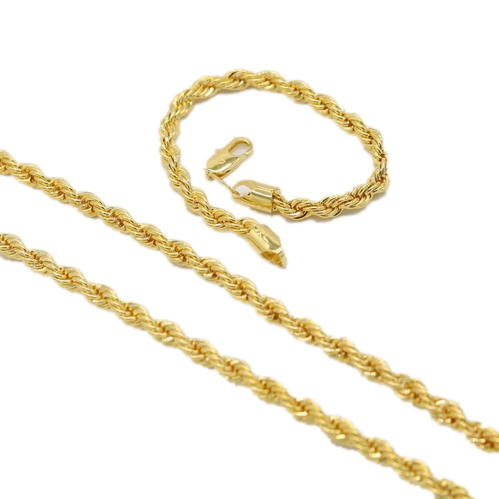 Solid Jewelry Set Rope Chain 24K Gold Filled Necklace Bracelet Chain Men Women 6mm Wide Twisted Choker