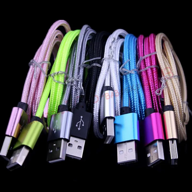 1m 2m 3m Alloy Fabric Flätad Kabel Typ C Micro USB Data Laddare Kablar För Samsung S4 S6 S7 HTC Android Telefon