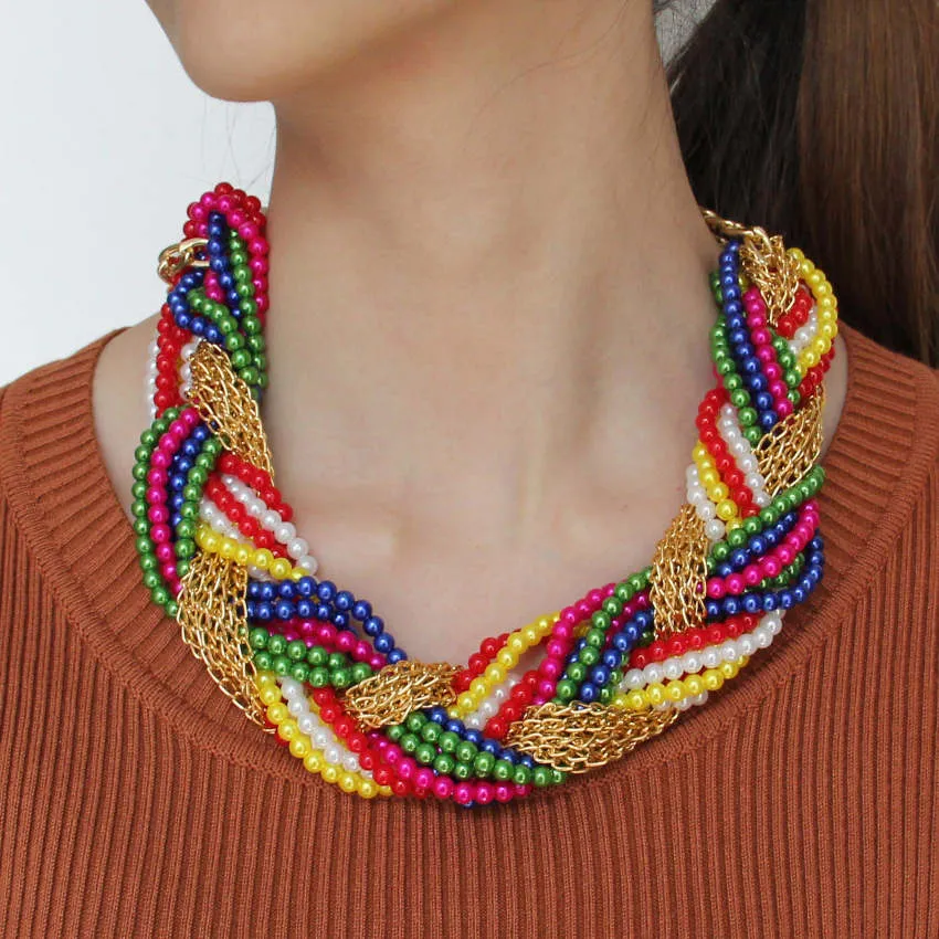 MANILAI Multi layer Simulated Pearl Statement Chokers Necklaces For Women Handmade Woven Chain Multicolor Beaded Chunky Necklace8284289