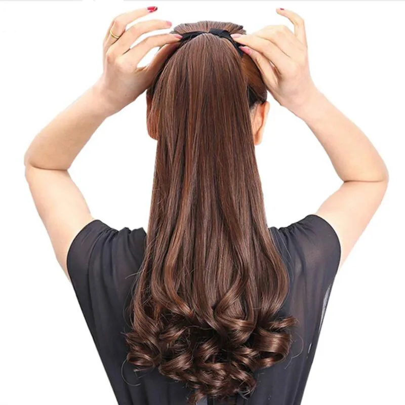 22 '' Long Fake Waily Curly Syntetyczny Kucyk Light Brązowy Clipstring Clip W Ponytail Hair Rostoodporne Włosy Ogon