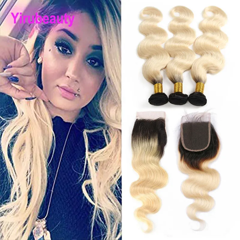 Cabelo humano peruano 3 pacotes com fechamento de renda 4x4 1b/613 OMBRE O ONGO CORPO COM