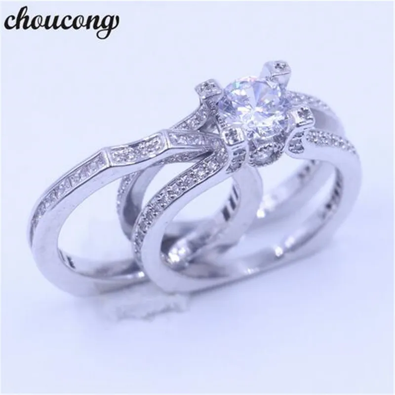 Choucong Kobiety Ślubne Zestawy Bridal Biżuteria DiaMaceque 5a Cyrkon CZ Ring 925 Sterling Silver Engagement Band Ring dla kobiet Mężczyźni