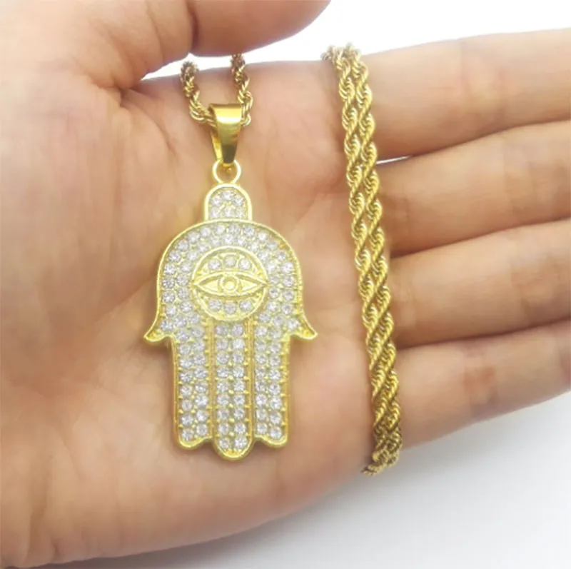 Hip Hop Hamsa Mão de Fatima Sorte Mau Amuleto Proteção Para Os Olhos de Cristal Colar de Pingente de 24 polegadas Cadeia de Corda