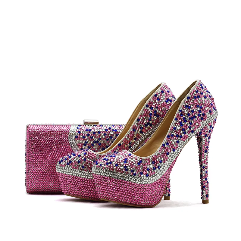 Scarpe da festa per matrimonio con strass rosa Scarpe da cerimonia per adulti con borsa abbinata Scarpe da ballo da sposa con tacco alto e borsa