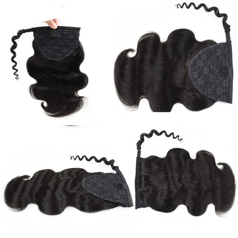 Postiches de queue de cheval de cheveux humains clip en haute cheveux humains humides et ondulés 120g extension de cheveux de queue de cheval avec cordon pour les femmes noires