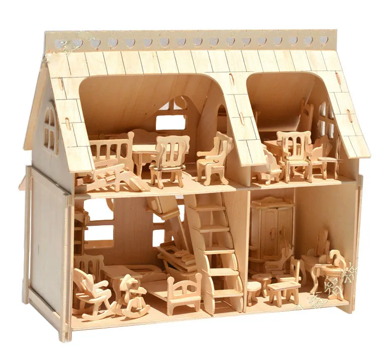 Große Veranda, volles Haus, Veranda, DIY-Modell, 3D-Puzzle, maßstabsgetreues Gebäude, 34 Stück, Möbel, 33 x 30 x 20 cm, Holzarchitektur-Spielzeug, Großhandel