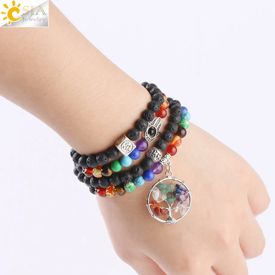 CSJA Natürlicher schwarzer Lavastein 108 Mala Perlenarmband Männer AUM OM Schmuck Hamsa Hand Lebensbaum 7 Chakra Strang Armbänder F709266n