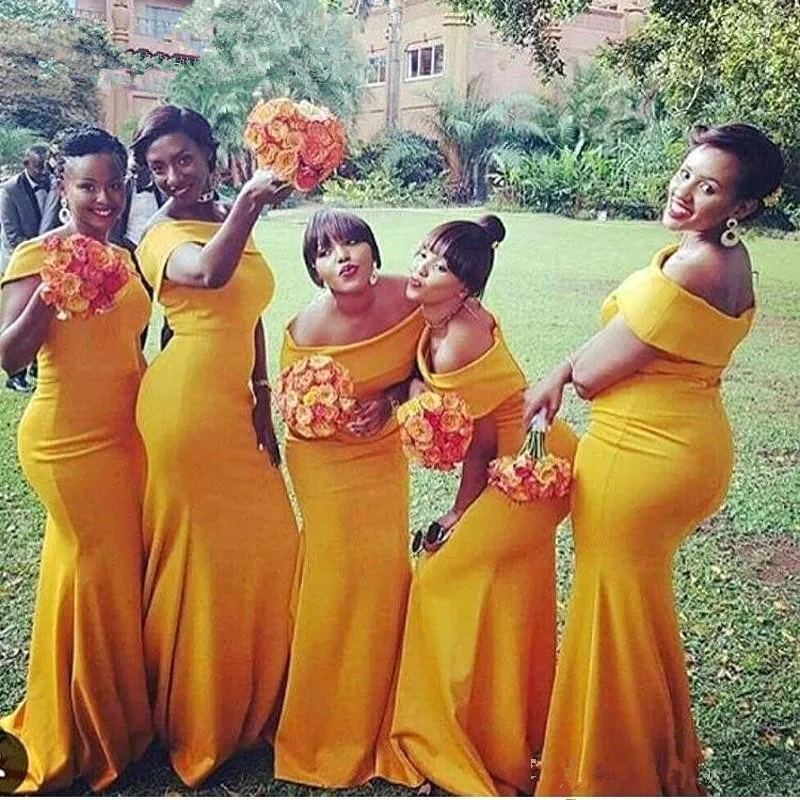 2019 plus size zeemeermin lange bruidsmeisje jurken Afrikaanse zwarte meisje bateau nek Nigeria geel ruches sweep trein Afrikaanse jurken vestidos