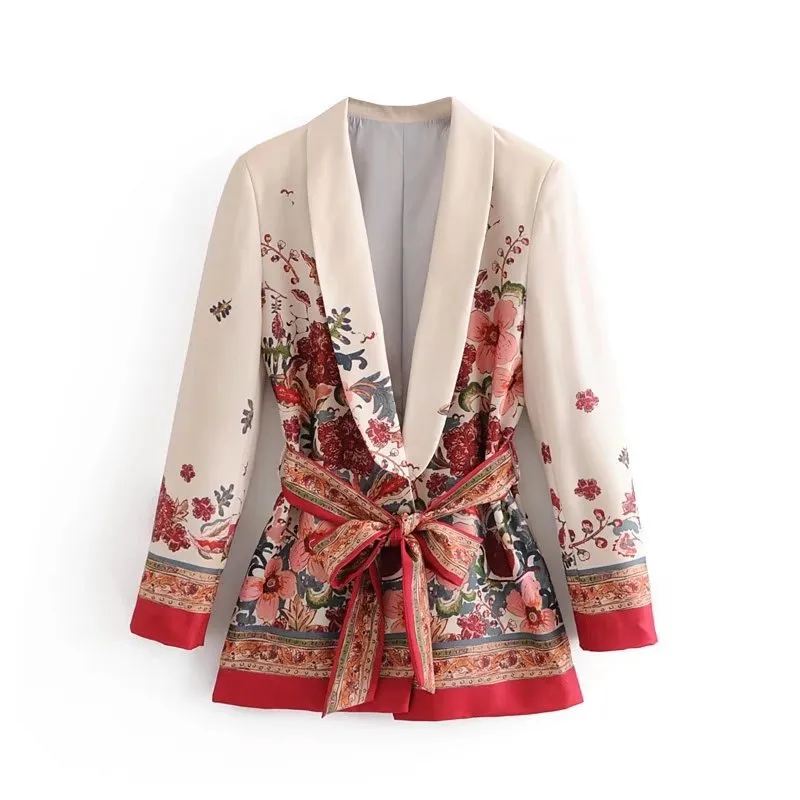 Frühling Herbst Frauen Vintage Red Floral Print Kimono jacke damen taille bowknot schärpen Outwear business büro dame tragen Mantel