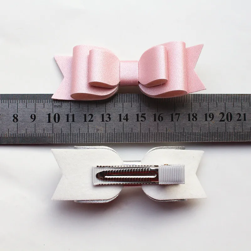 NEW 3 Levels Hair Bows New Prince Baby Girls Hair Clips with Faux Glitter Litchi Stria Leather Hair Grip Stripe Pink Hairpi7553790