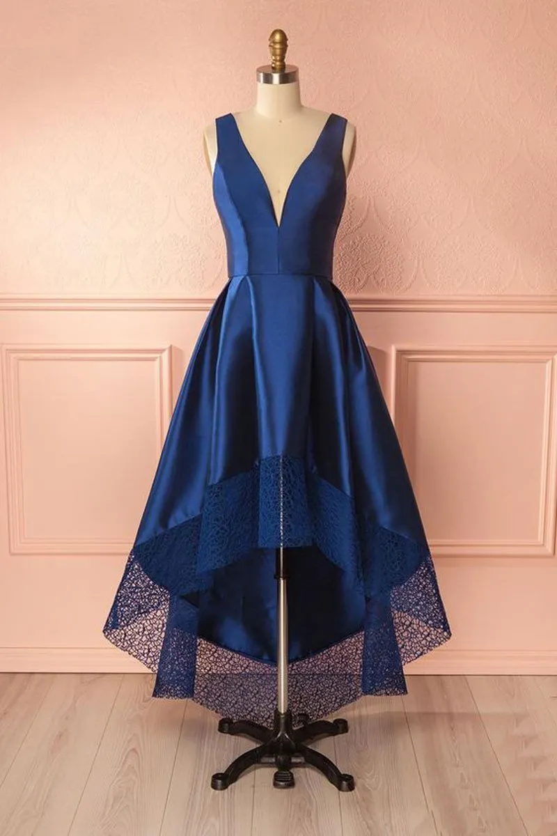 Navy Blue 2022 New High Low Cocktail Prom Dress Backless Cheap Jewel Neck Lace Short Front Long Back Stylish Homecoming Graduation2247831