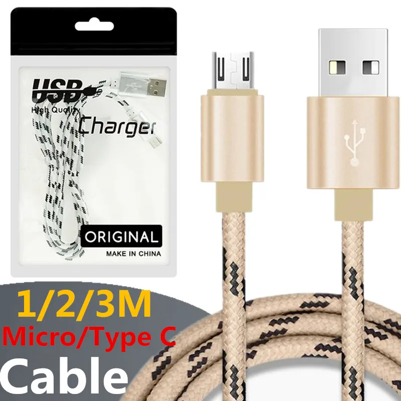 Tecido de cor dupla trança micro USB Tipo C carregador nylon cabo forte adaptador de metal liderança 1M3FT, 2m6ft, 3m10ft cabo android universal