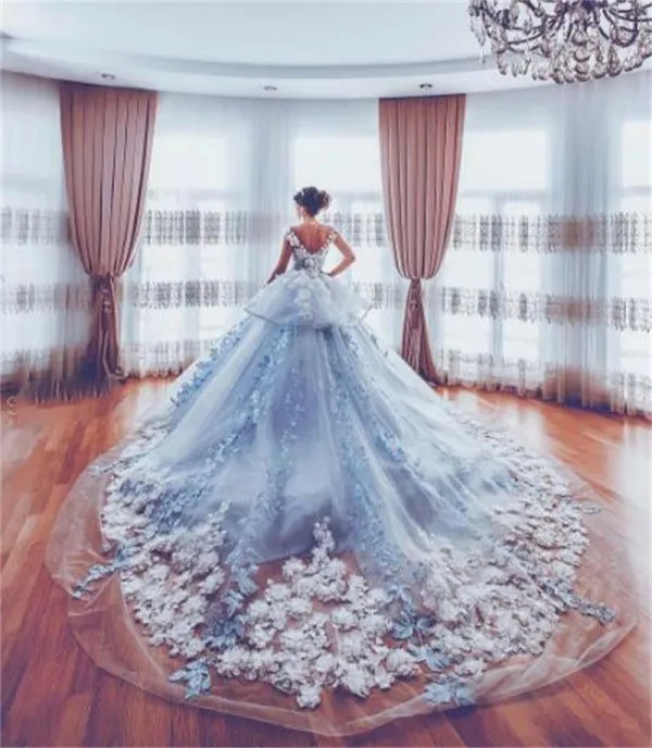 Abito Da Sposa A Principessa Blu Di Lusso Con Appliques 3D Treno Cattedrale Peplo In Pizzo Taglio Basso Tulle Organza Abiti Da Sposa 2024 Da 281 85 DHgate