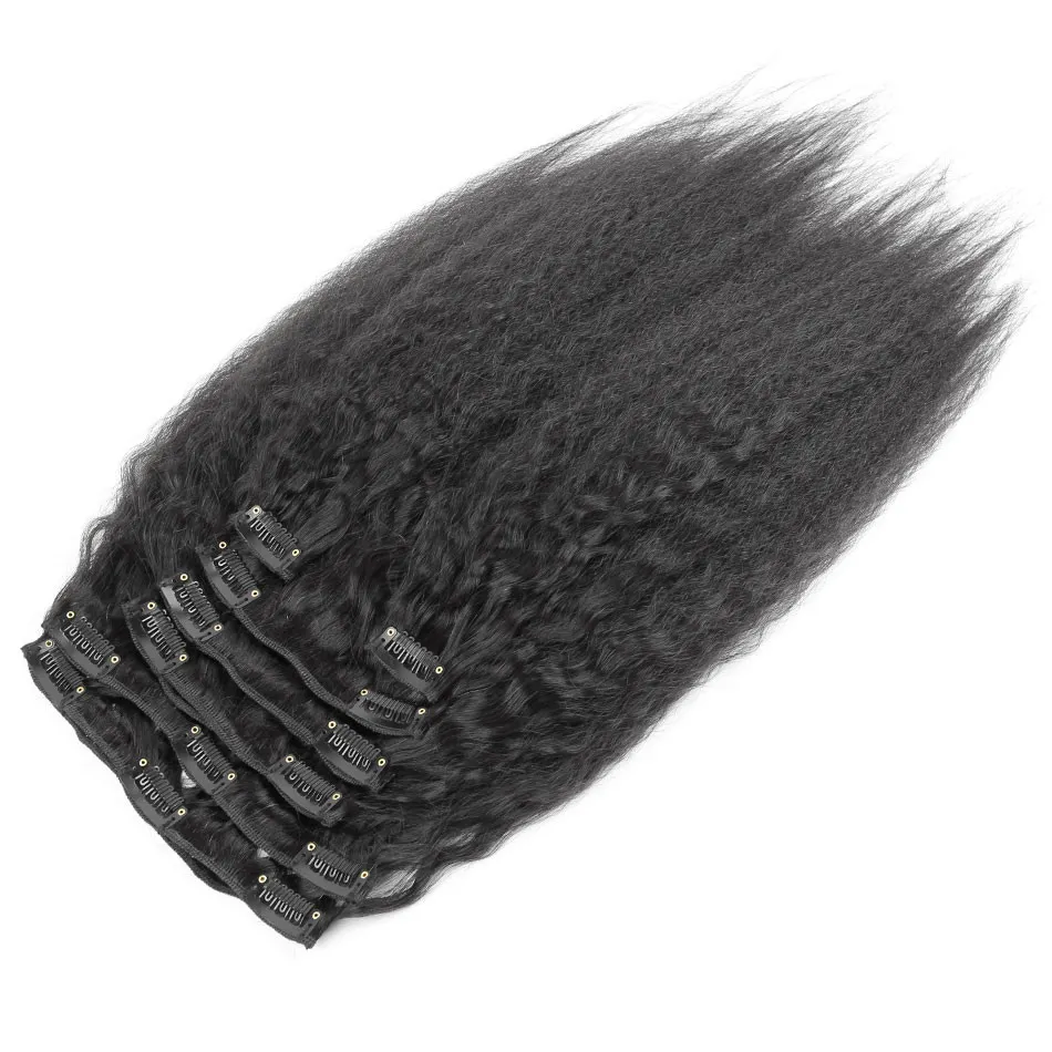 Billiga klipp i Human Hair Extensions Natural Black Hair Yaki Clip In Extensions Kinky Straight Clip In Extensions 120g