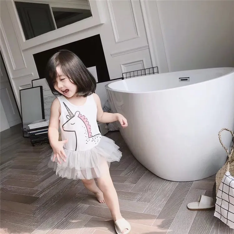 2018 Summer Baby Girl Clothes Cute White Cartoon Unicorn Romper Dress Girls Sleeveless Tank Top Dress Baby Tutu Rompers Children Clothing