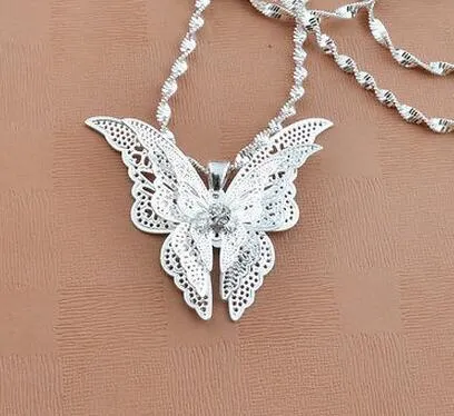 Brand New Women Lady Girl 925 Sterling Silver Plated Butterfly Naszyjnik Wisiorek Fit Charm Moda Biżuteria