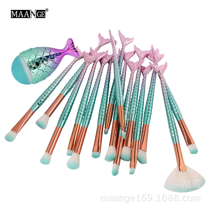 Mermaid Makeup Brush Set Professional 16pcs Foundation Eyeshadow Eyebrow Eyeliner Blush Contour Cosmetic Make up Brushes Kit Tools