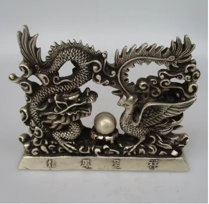 Antiguidades antigas Collectible Decorado Velho Handwork Tibet Prata Esculpida Dragão e Phoenix Estátua / Animais Escultura