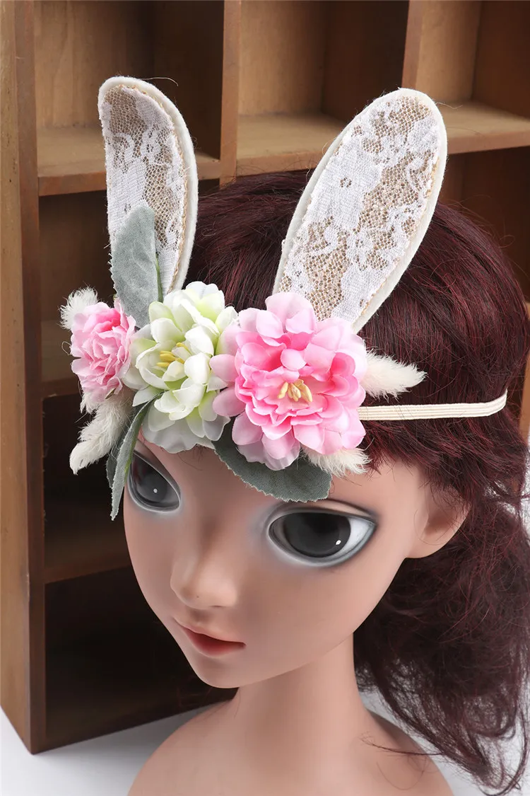 Neue Kinder Mädchen Kleinkind Blume Stirnband Haare Accessoires Kopfbedeckung für Mädchen Spitze Kaninchen Ohrhälfte Kronen Blumen Stirnbänder Haare 4104014